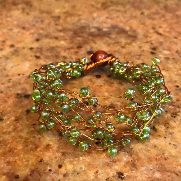 Organic Boho Chic Copper Glass Bead Green Bracelet - Picture 4 of 8